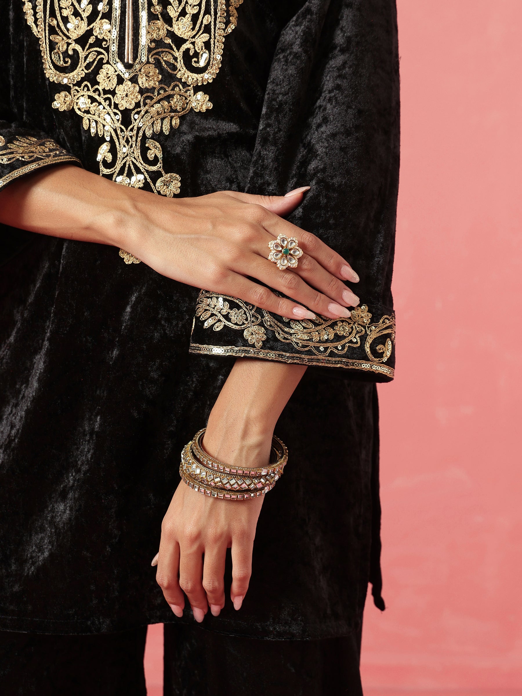 Black Velvet Embroidered Neck Short Kurta With Palazzo-Shae by SASSAFRAS