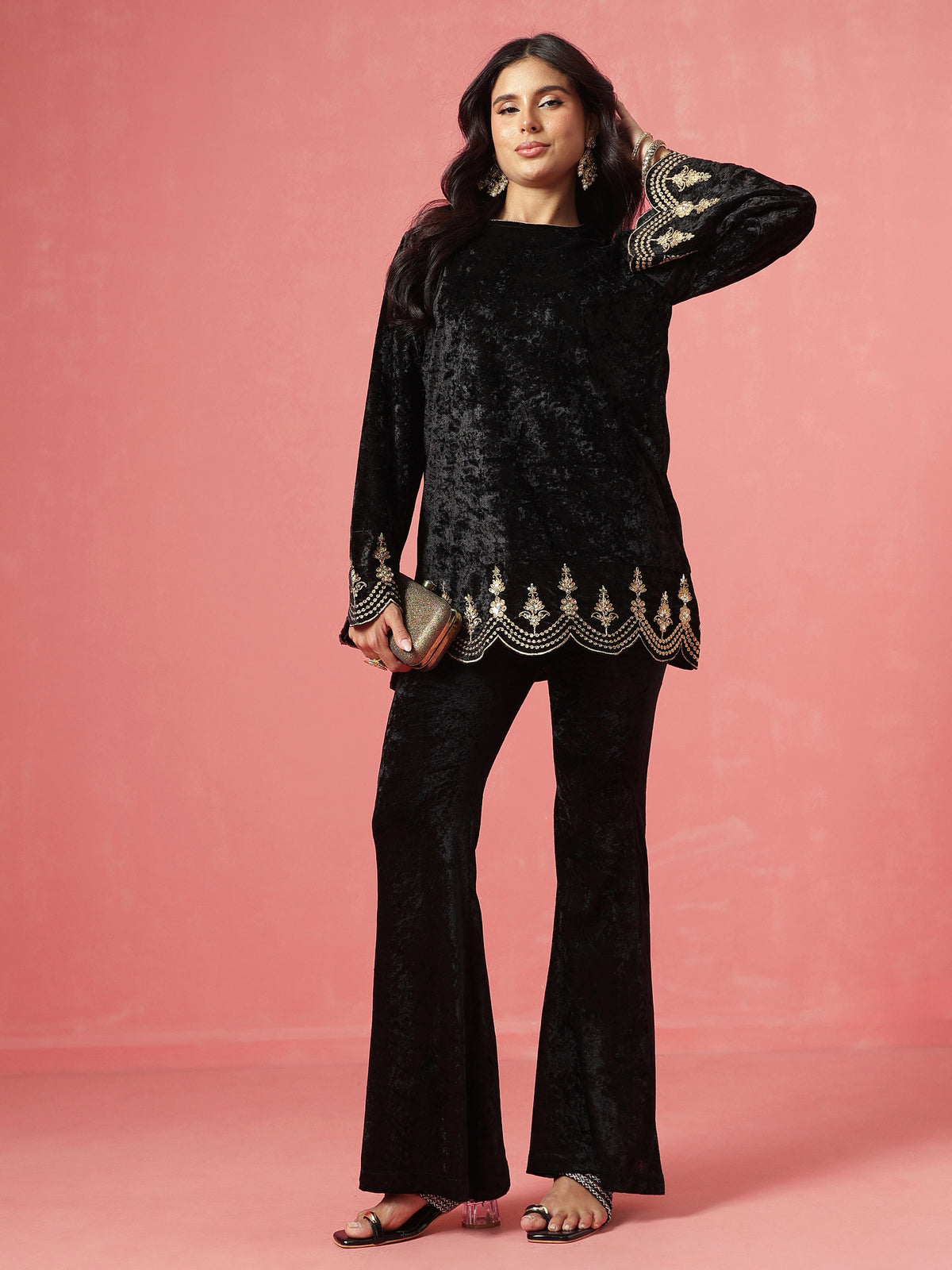 Black Velvet Hem Embroidered Short Kurta With Bell Bottom-Shae by SASSAFRAS