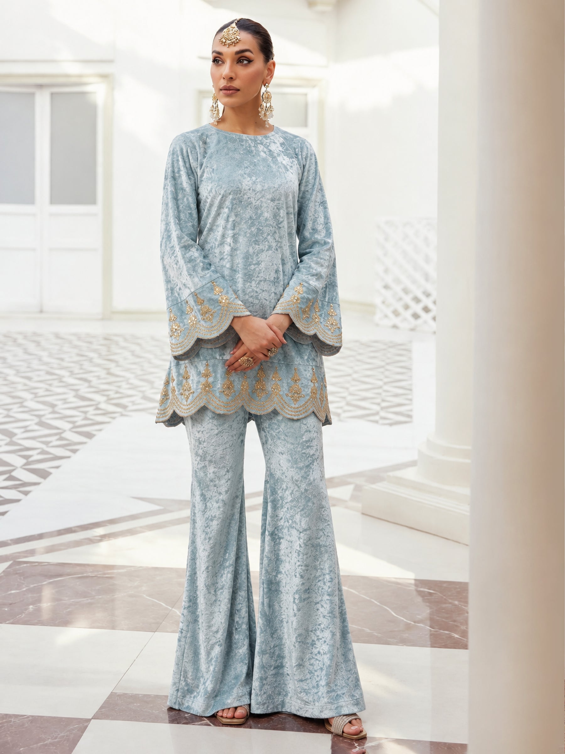 Powder Blue Velvet Hem Embroidered Short Kurta With Bell Bottom-Shae by SASSAFRAS