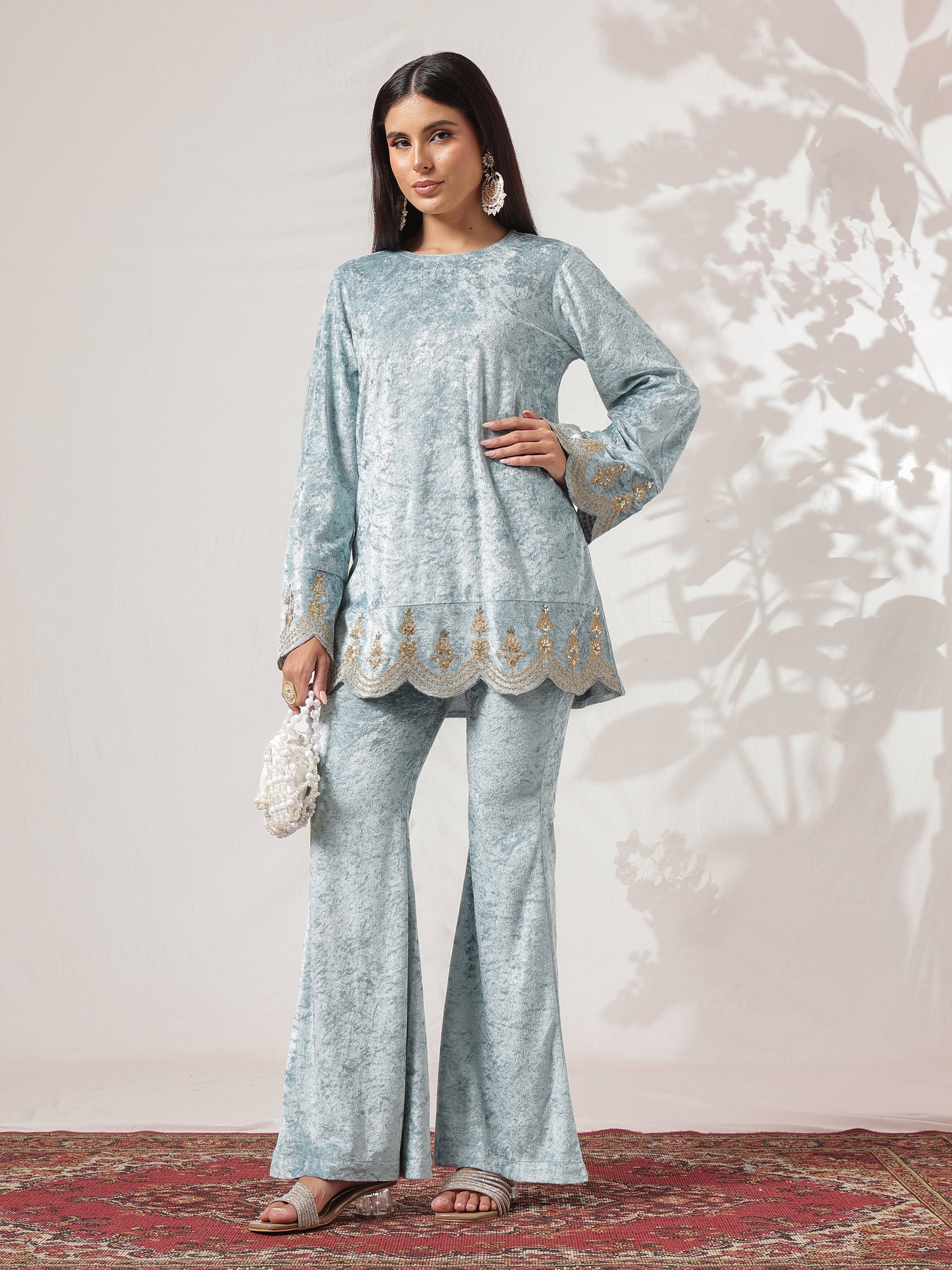 Powder Blue Velvet Hem Embroidered Short Kurta With Bell Bottom-Shae by SASSAFRAS