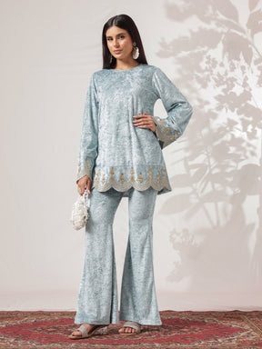 Powder Blue Velvet Hem Embroidered Short Kurta With Bell Bottom-Shae by SASSAFRAS