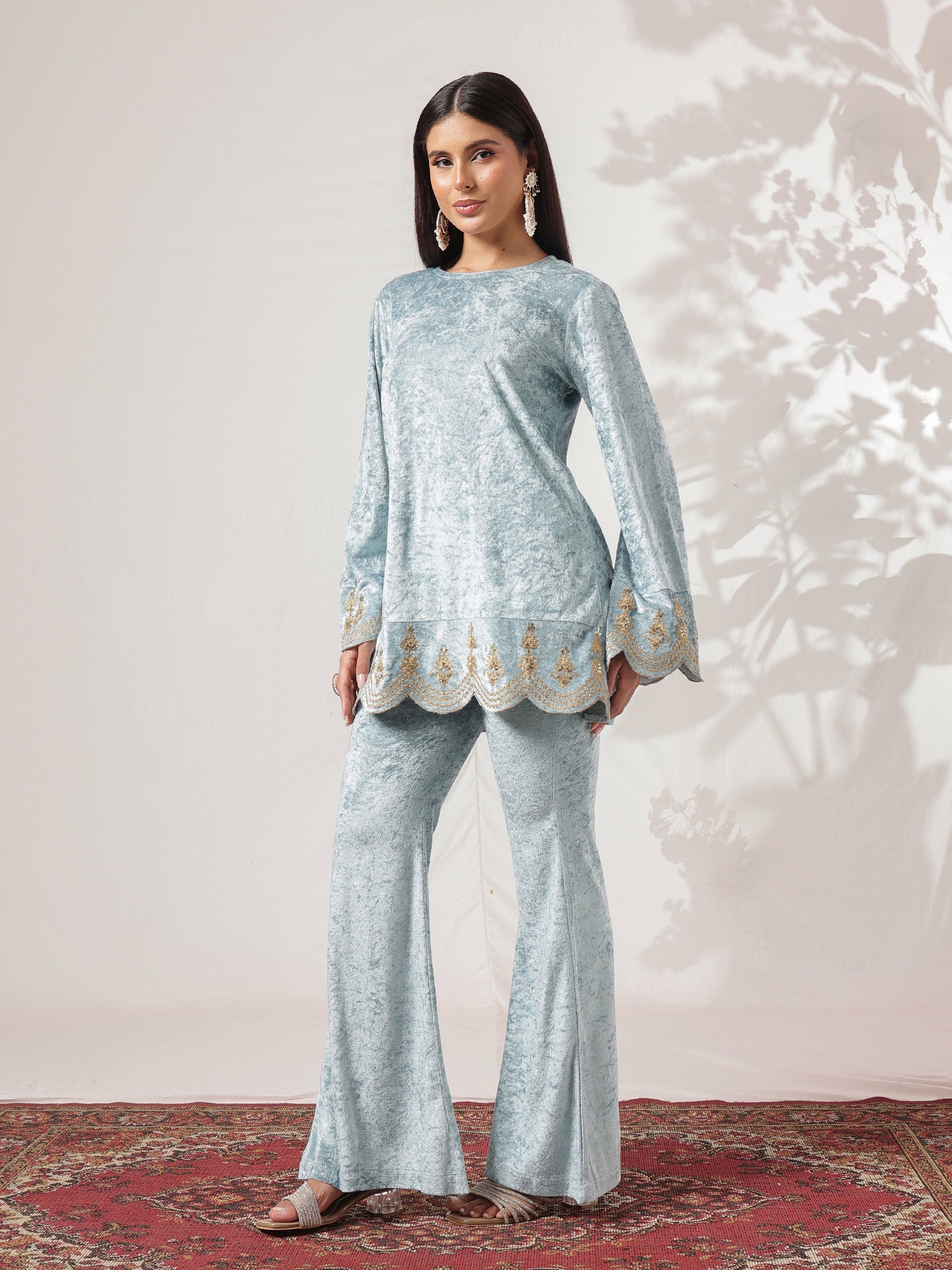 Powder Blue Velvet Hem Embroidered Short Kurta With Bell Bottom-Shae by SASSAFRAS
