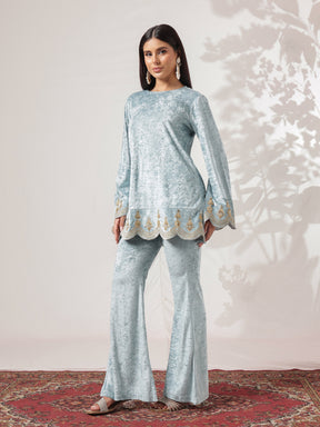 Powder Blue Velvet Hem Embroidered Short Kurta With Bell Bottom-Shae by SASSAFRAS