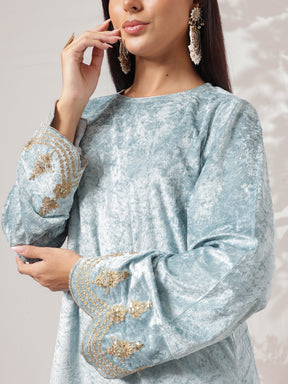 Powder Blue Velvet Hem Embroidered Short Kurta With Bell Bottom-Shae by SASSAFRAS