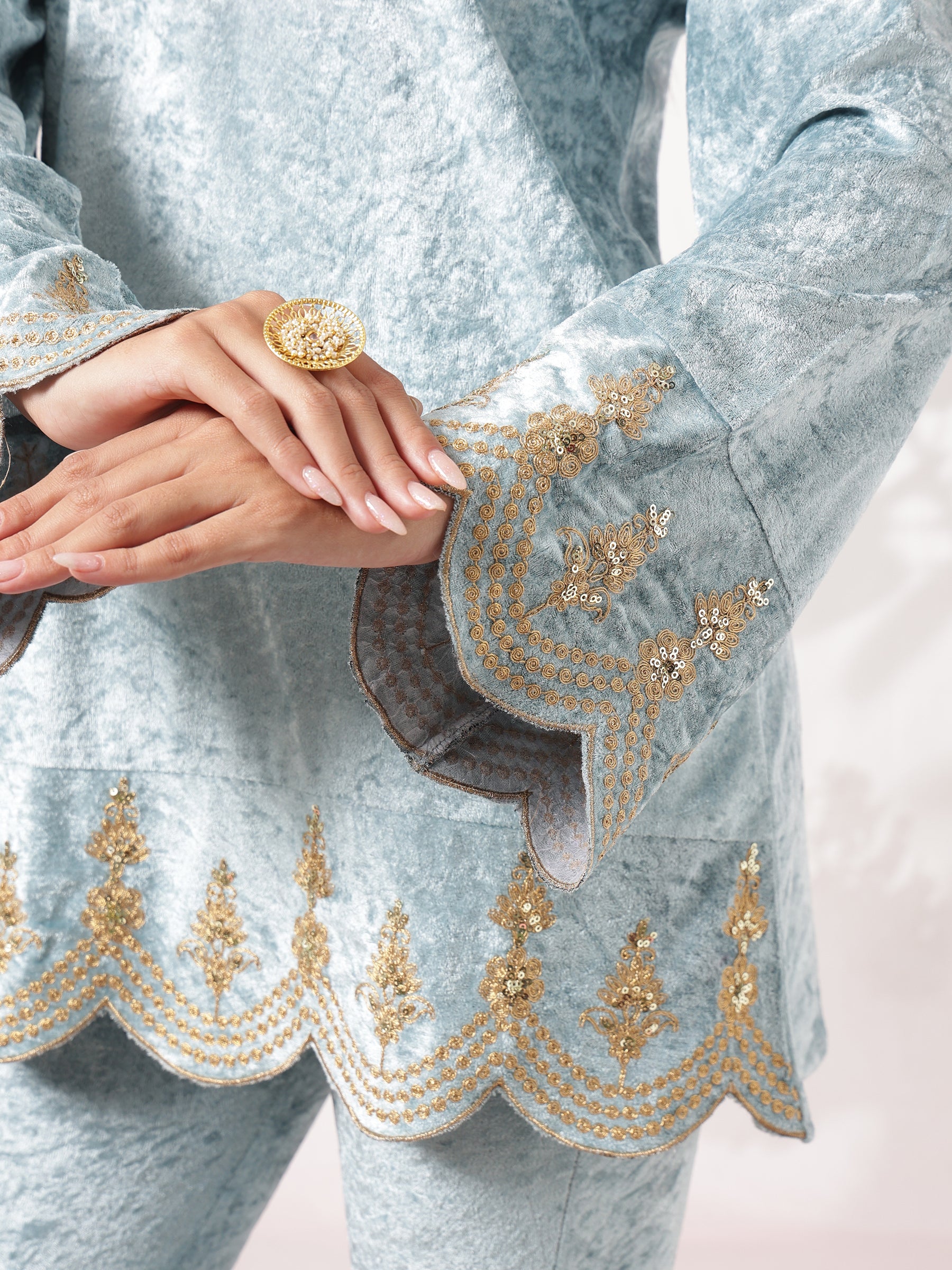 Powder Blue Velvet Hem Embroidered Short Kurta With Bell Bottom-Shae by SASSAFRAS