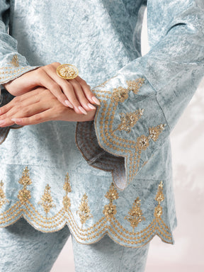 Powder Blue Velvet Hem Embroidered Short Kurta With Bell Bottom-Shae by SASSAFRAS