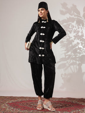 Black Velvet Front Button Short Kurta With Balloon Pants-Shae by SASSAFRAS
