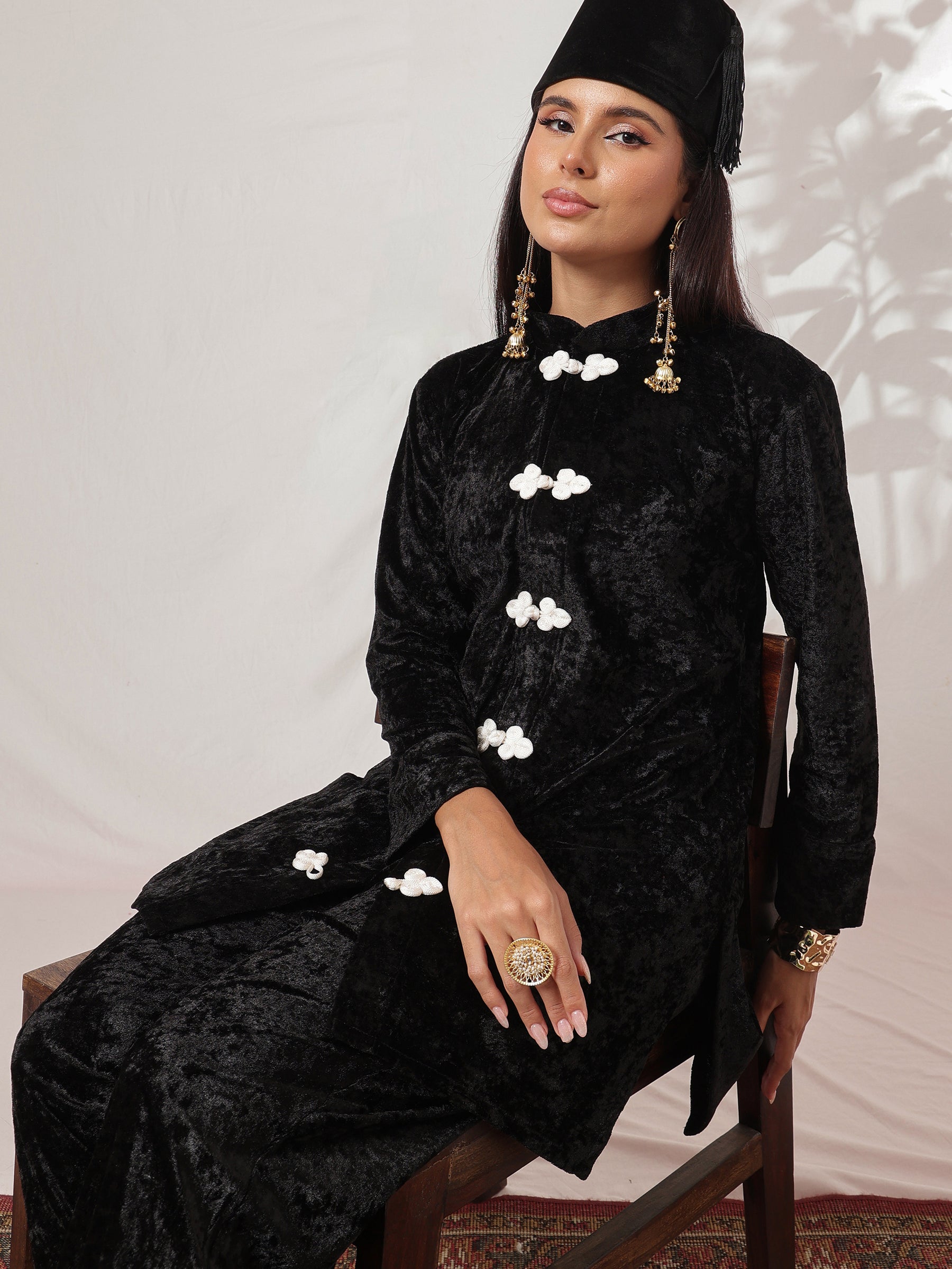Black Velvet Front Button Short Kurta With Balloon Pants-Shae by SASSAFRAS