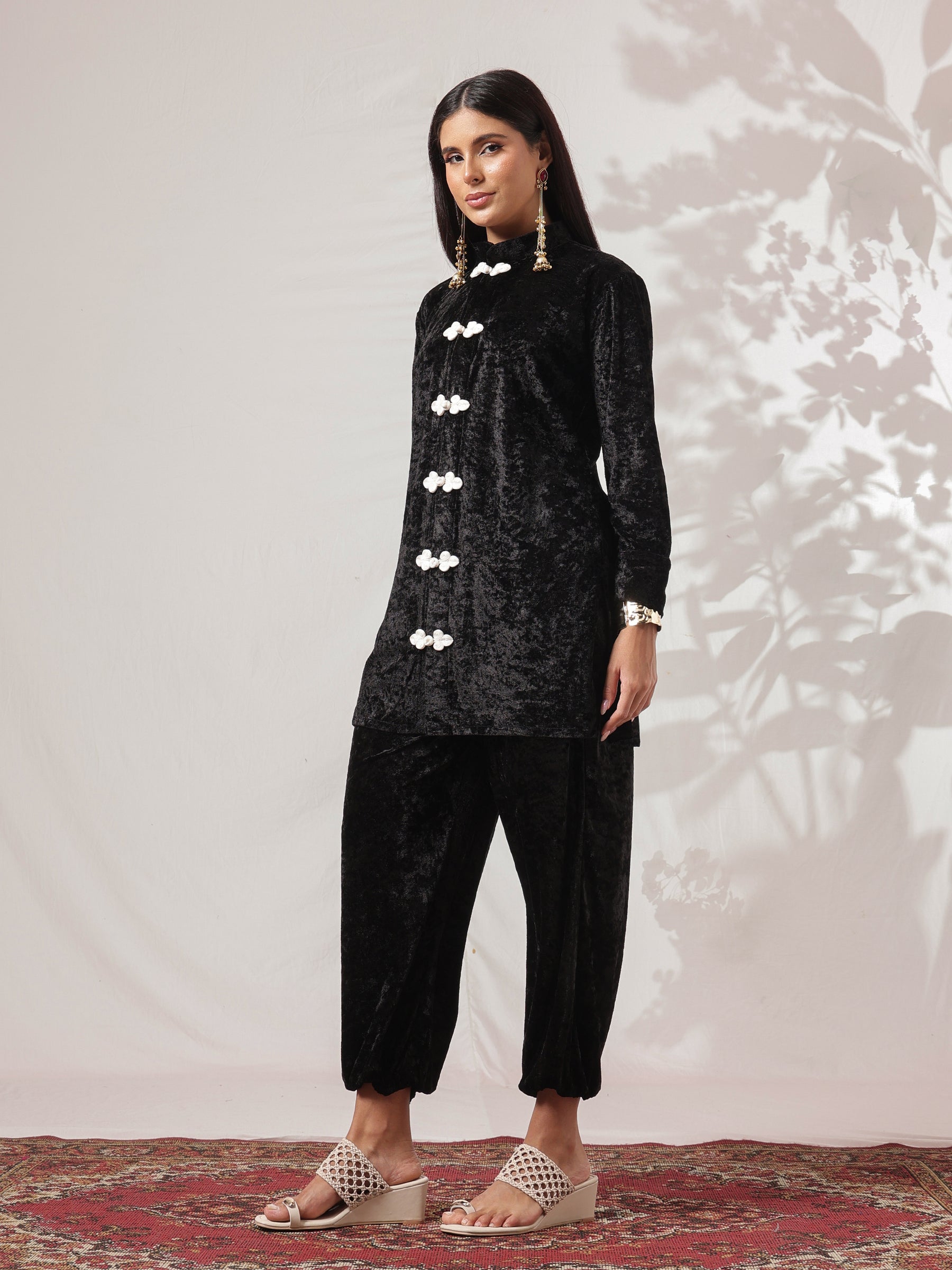 Black Velvet Front Button Short Kurta With Balloon Pants-Shae by SASSAFRAS