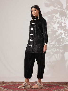 Black Velvet Front Button Short Kurta With Balloon Pants-Shae by SASSAFRAS