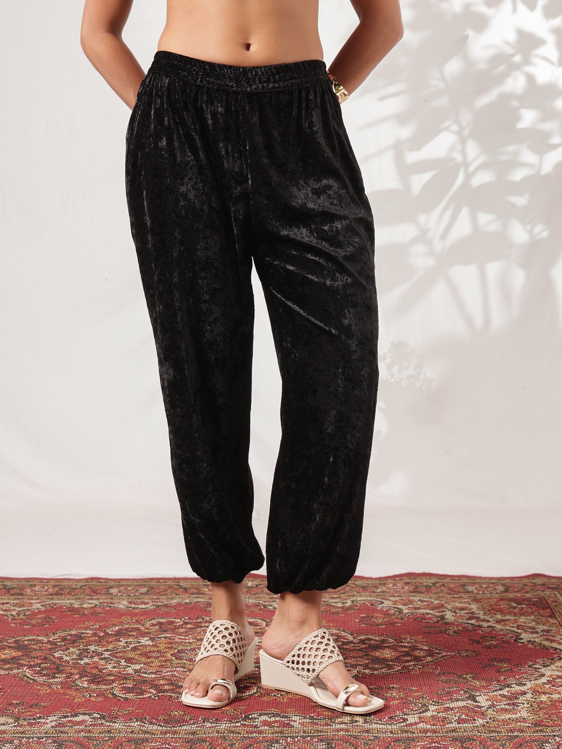 Black Velvet Front Button Short Kurta With Balloon Pants-Shae by SASSAFRAS