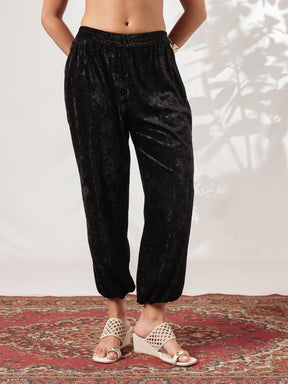 Black Velvet Front Button Short Kurta With Balloon Pants-Shae by SASSAFRAS