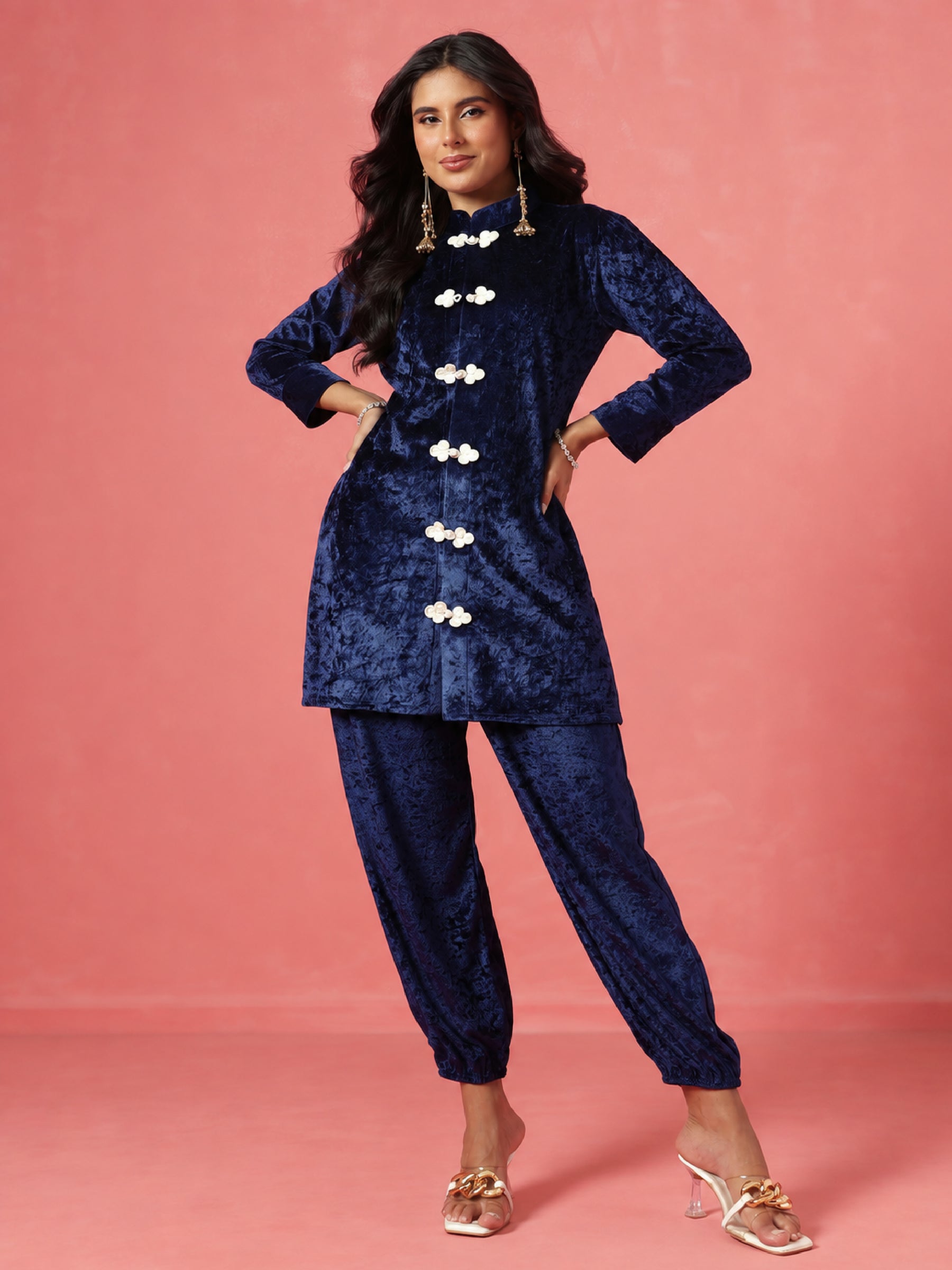 Navy Velvet Front Button Short Kurta With Balloon Pants-Shae by SASSAFRAS