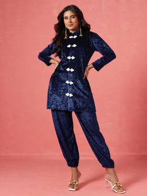Navy Velvet Front Button Short Kurta With Balloon Pants-Shae by SASSAFRAS
