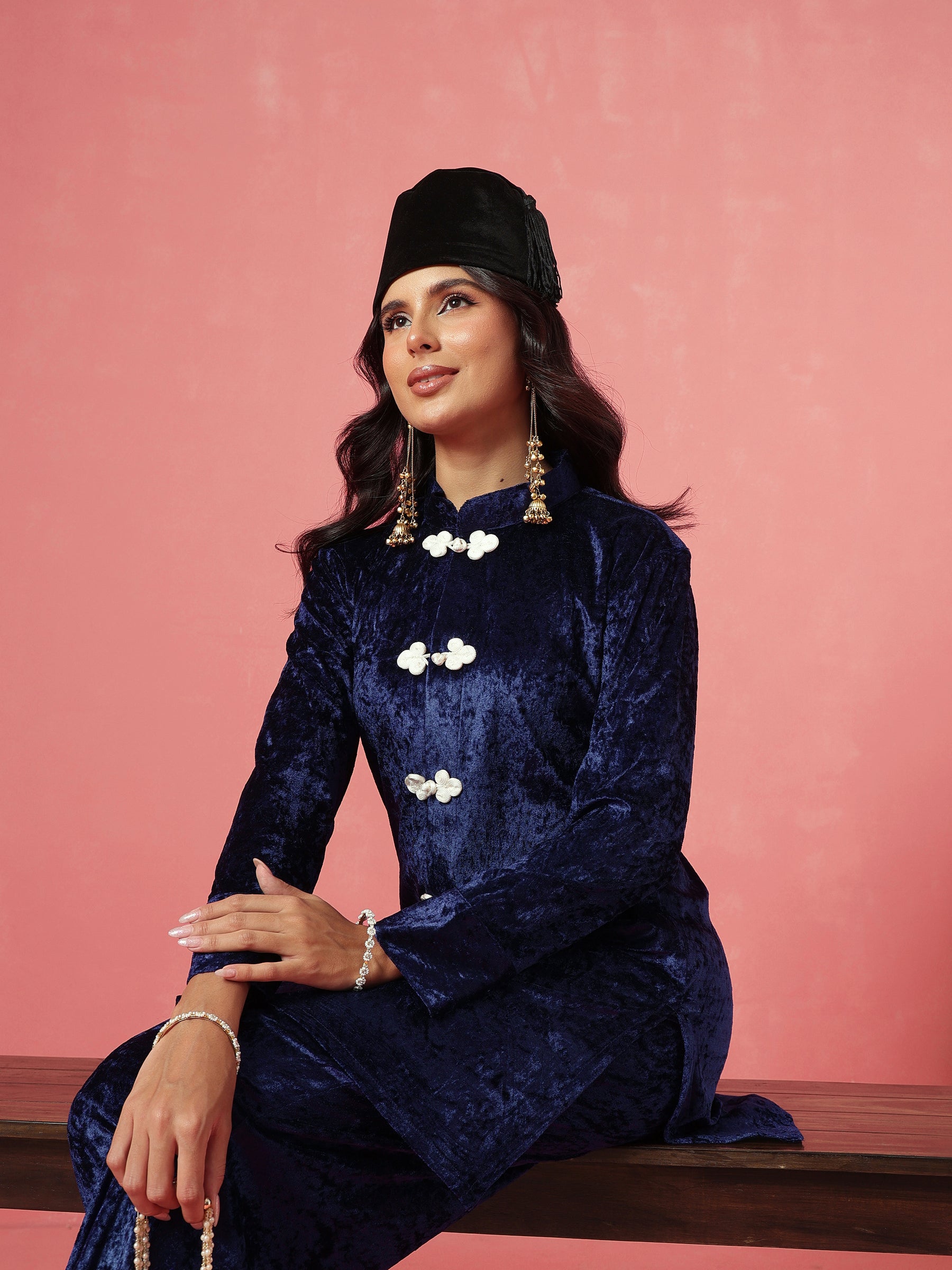 Navy Velvet Front Button Short Kurta With Balloon Pants-Shae by SASSAFRAS