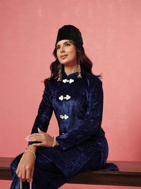 Navy Velvet Front Button Short Kurta With Balloon Pants-Shae by SASSAFRAS