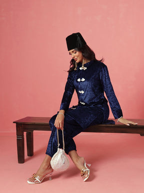 Navy Velvet Front Button Short Kurta With Balloon Pants-Shae by SASSAFRAS
