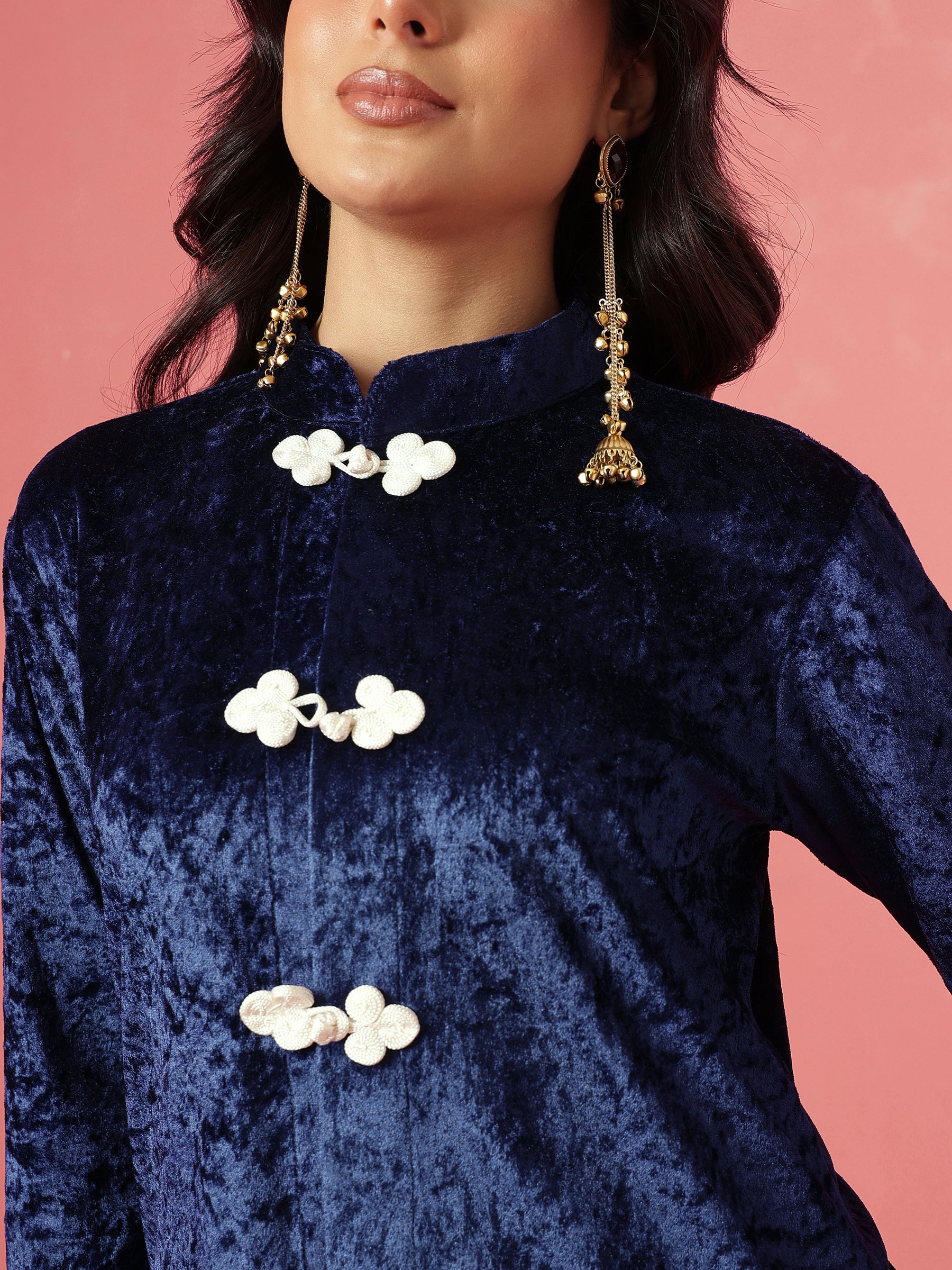 Navy Velvet Front Button Short Kurta With Balloon Pants-Shae by SASSAFRAS