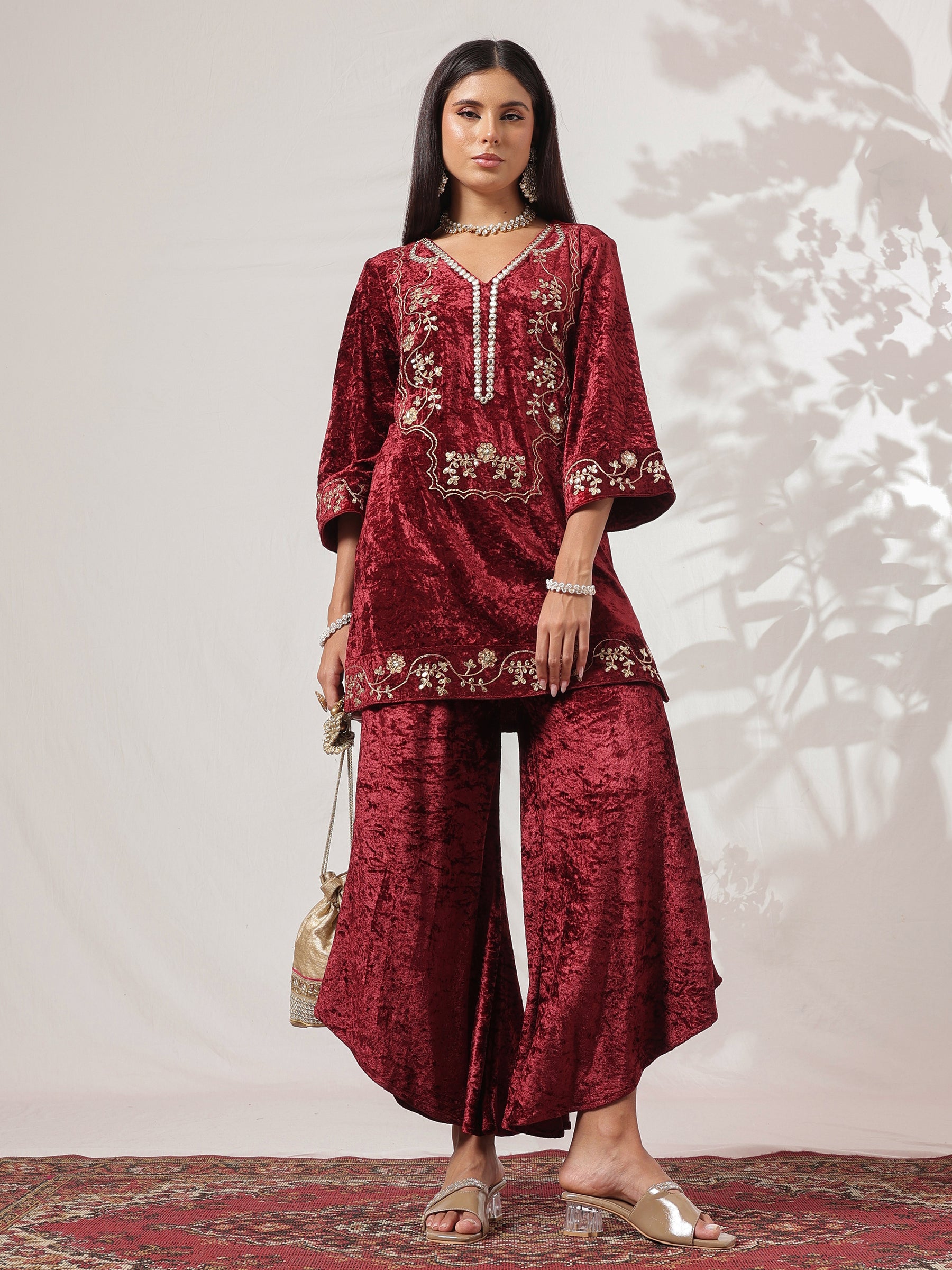 Maroon Velvet Short Embroidered Kurta With Flared Pants-Shae by SASSAFRAS