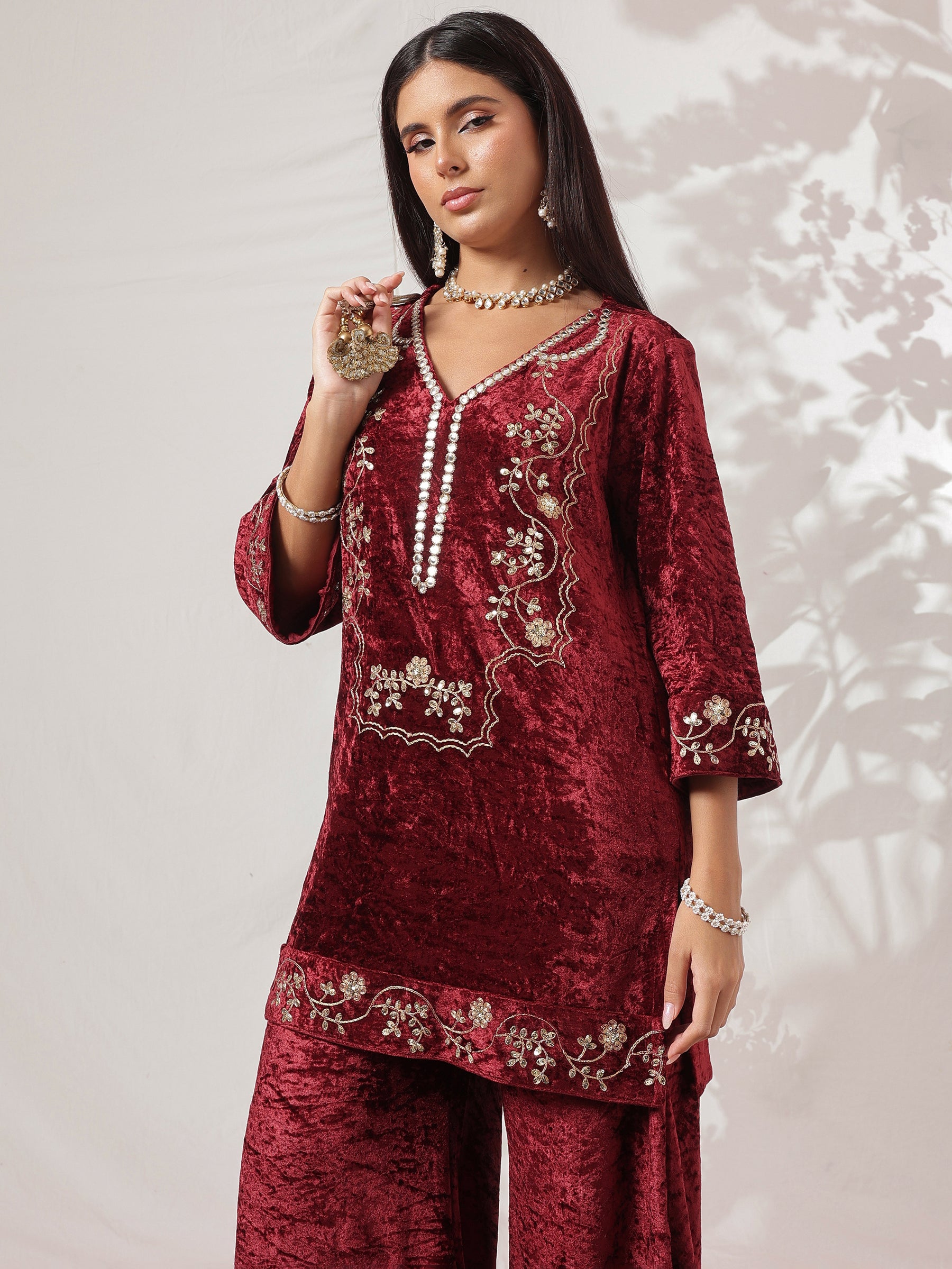 Maroon Velvet Short Embroidered Kurta With Flared Pants-Shae by SASSAFRAS