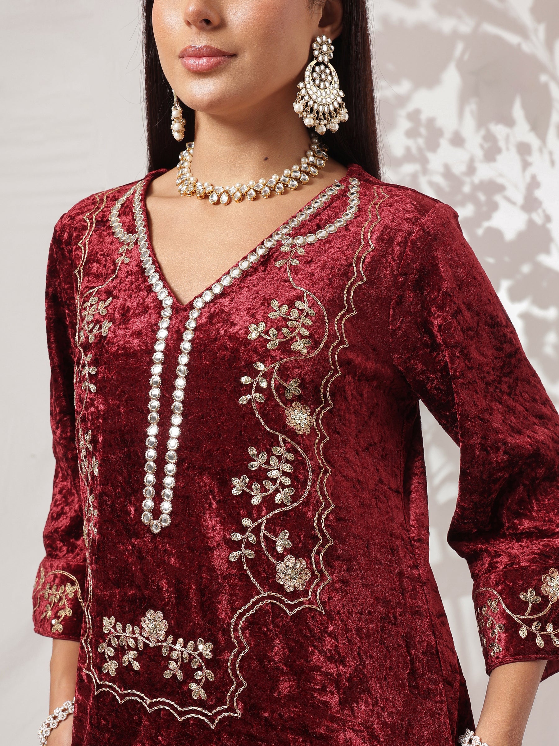 Maroon Velvet Short Embroidered Kurta With Flared Pants-Shae by SASSAFRAS