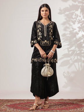 Black Velvet Short Embroidered Kurta With Flared Pants-Shae by SASSAFRAS