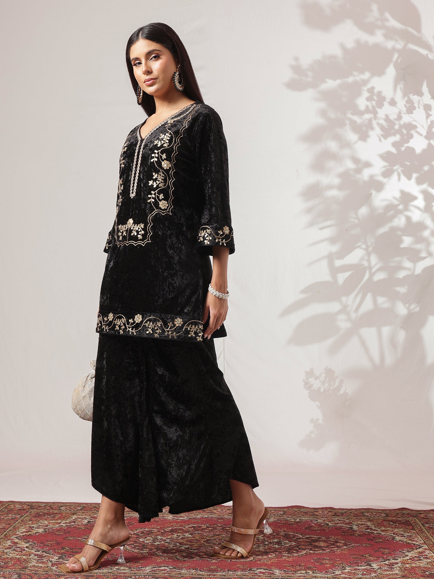 Black Velvet Short Embroidered Kurta With Flared Pants-Shae by SASSAFRAS