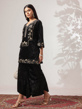 Black Velvet Short Embroidered Kurta With Flared Pants-Shae by SASSAFRAS