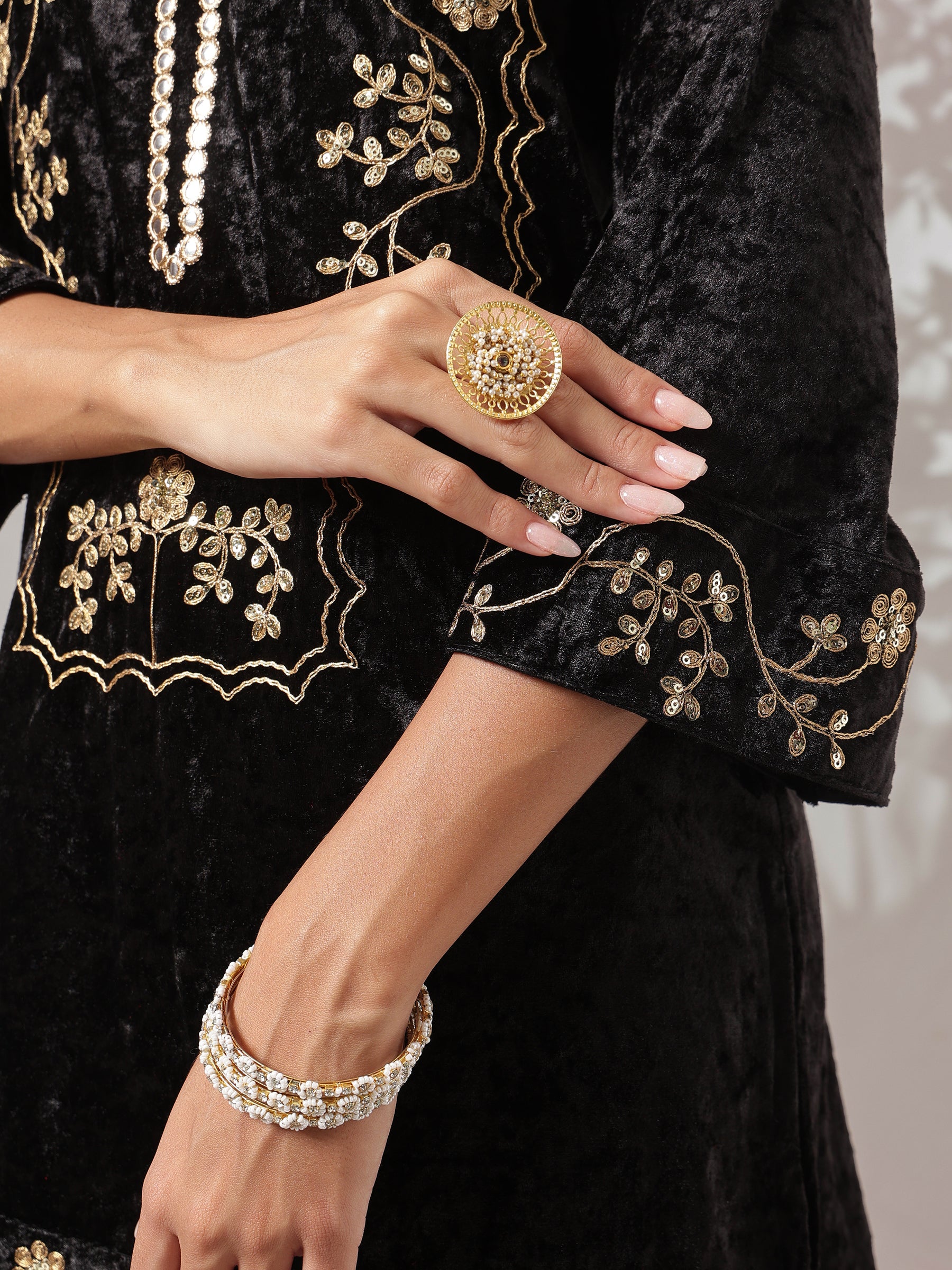 Black Velvet Short Embroidered Kurta With Flared Pants-Shae by SASSAFRAS