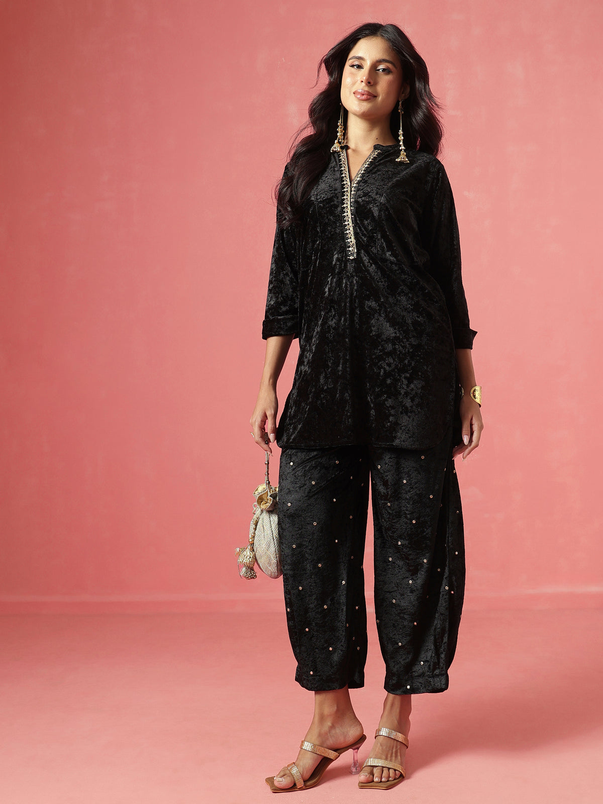 Black Velvet Short Kurta With Embroidered Straight Pants-Shae by SASSAFRAS