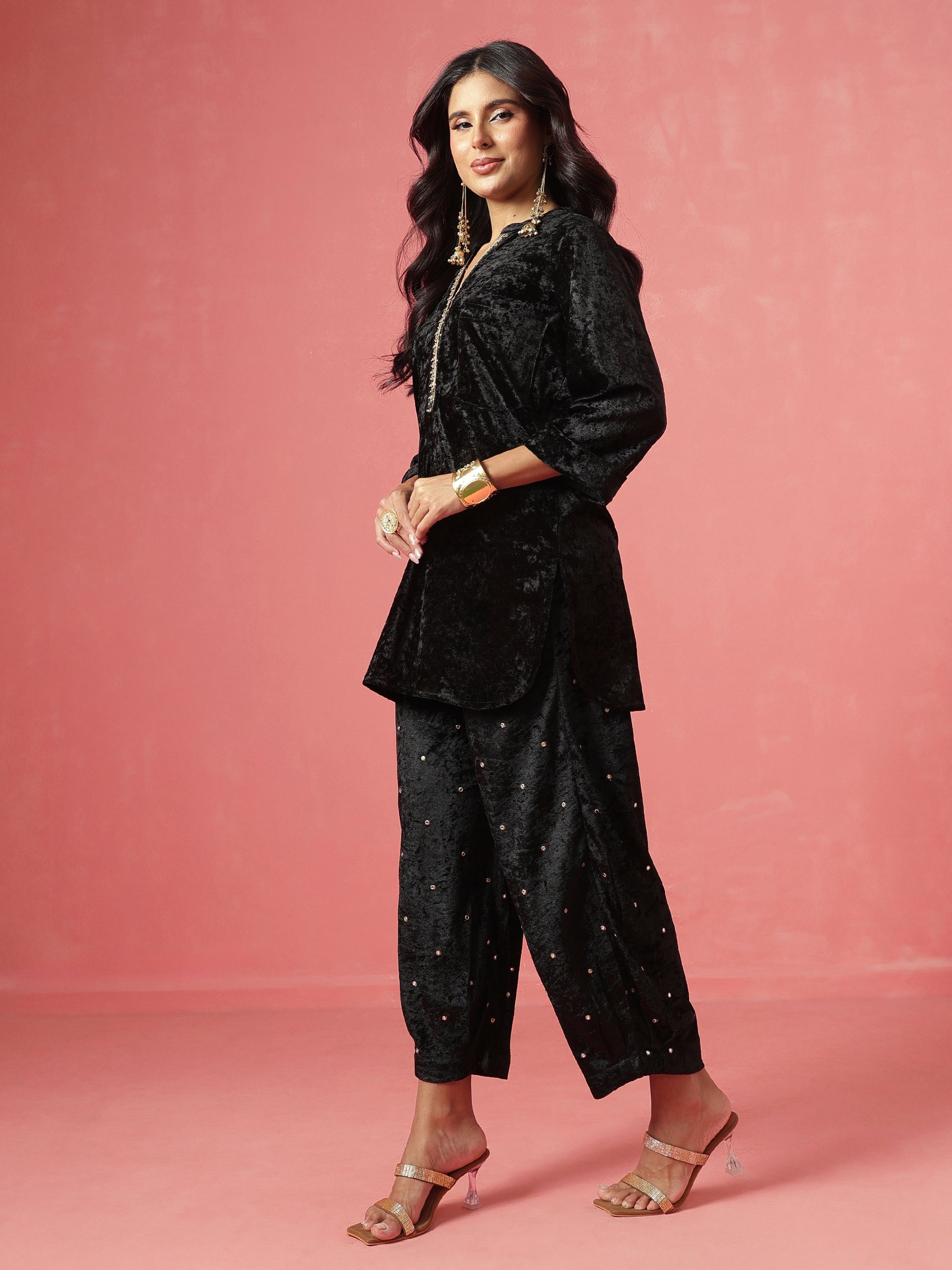 Black Velvet Short Kurta With Embroidered Straight Pants-Shae by SASSAFRAS