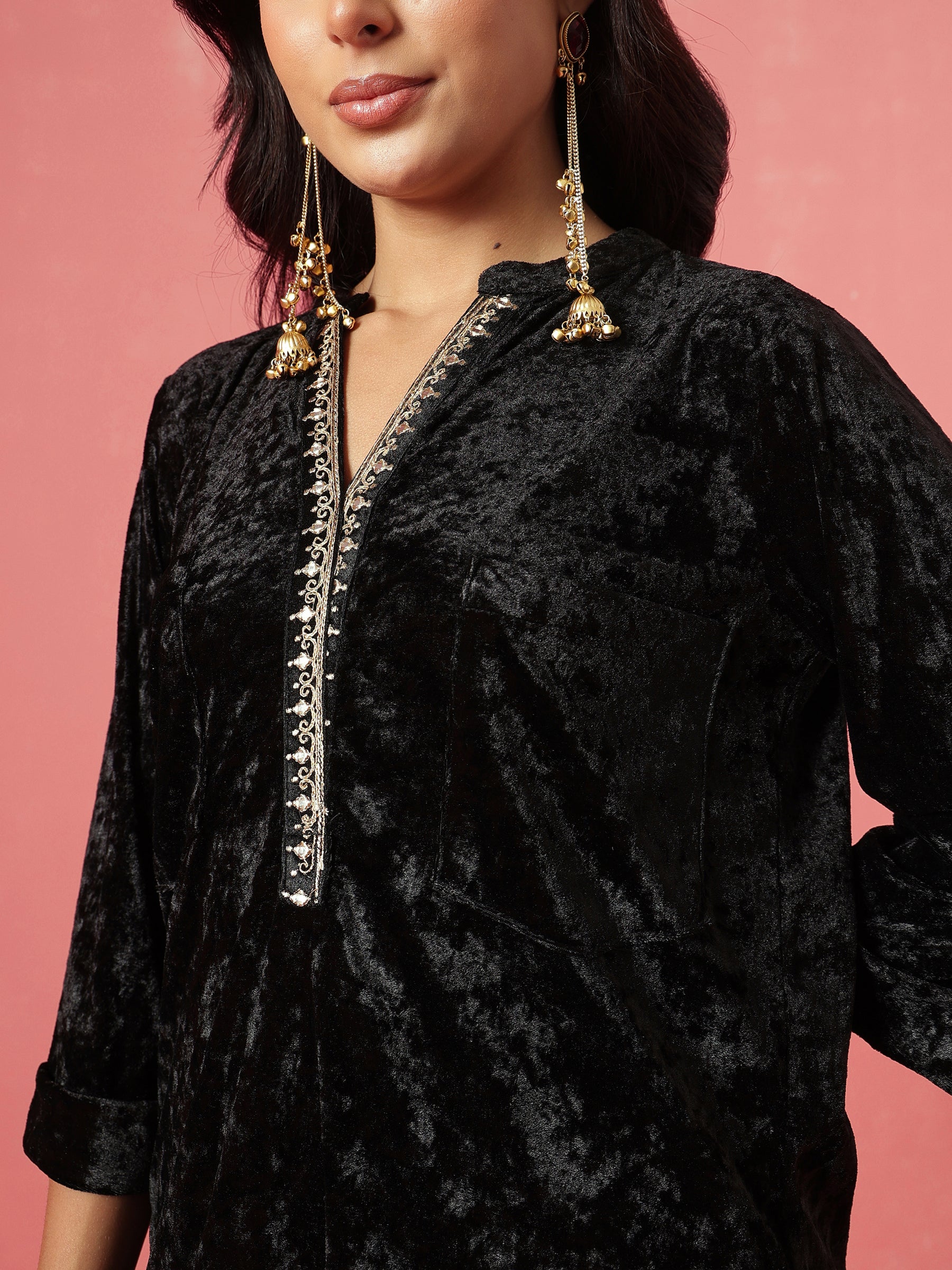 Black Velvet Short Kurta With Embroidered Straight Pants-Shae by SASSAFRAS