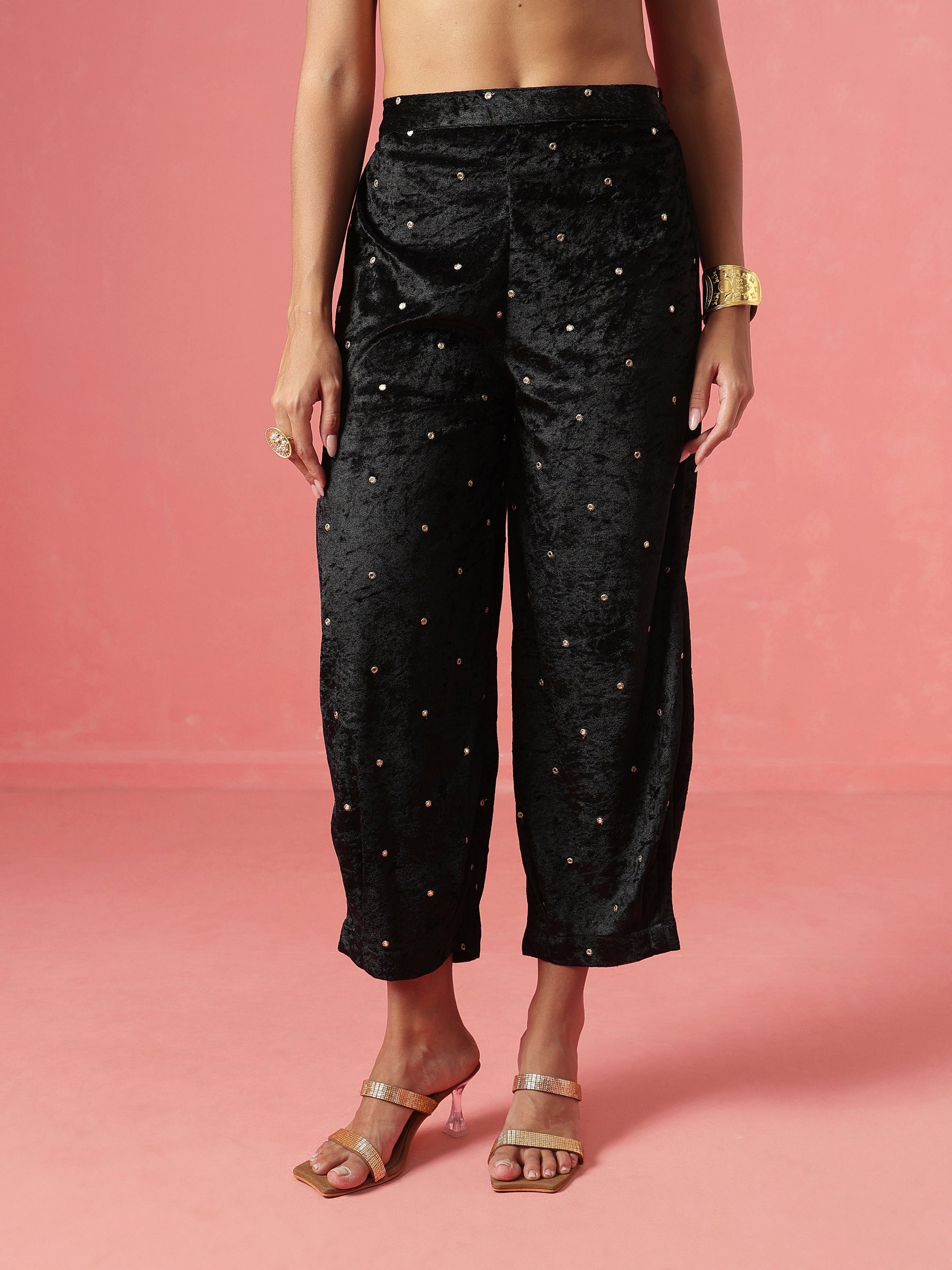 Black Velvet Short Kurta With Embroidered Straight Pants-Shae by SASSAFRAS