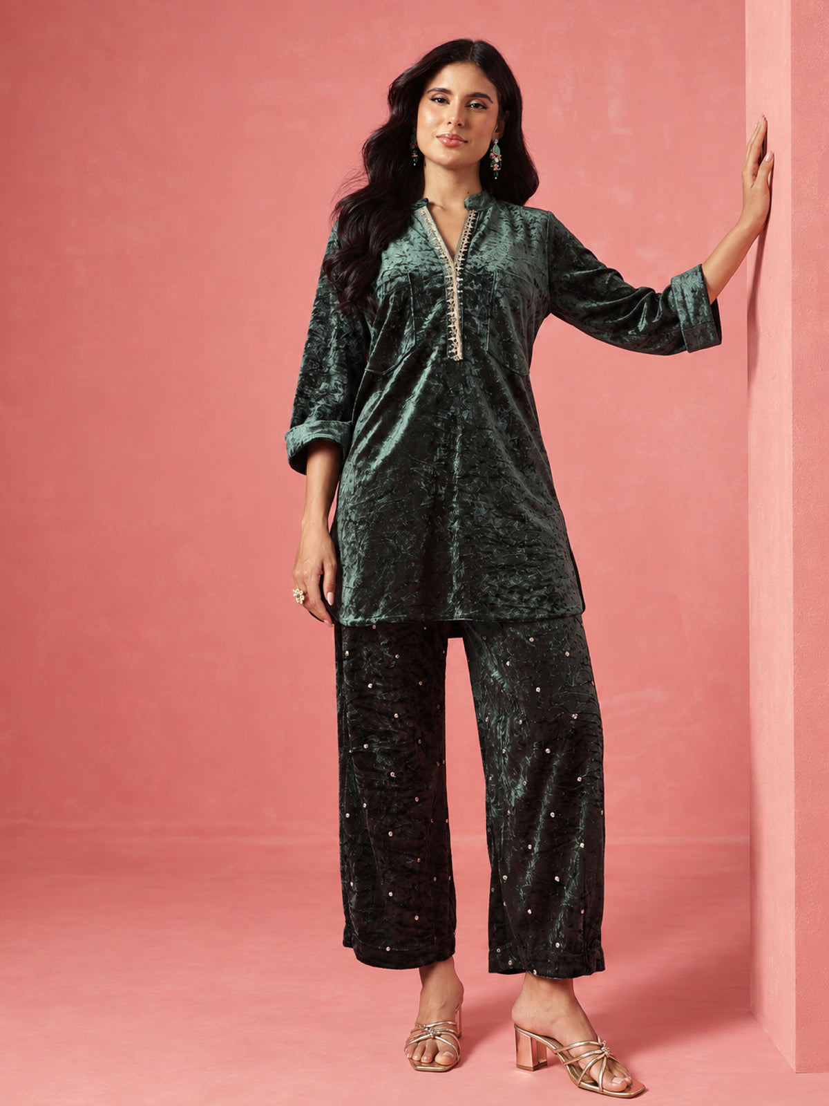 Emerald Green Velvet Short Kurta With Embroidered Straight Pants-Shae by SASSAFRAS