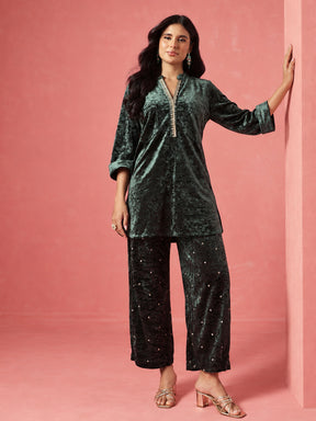 Emerald Green Velvet Short Kurta With Embroidered Straight Pants-Shae by SASSAFRAS