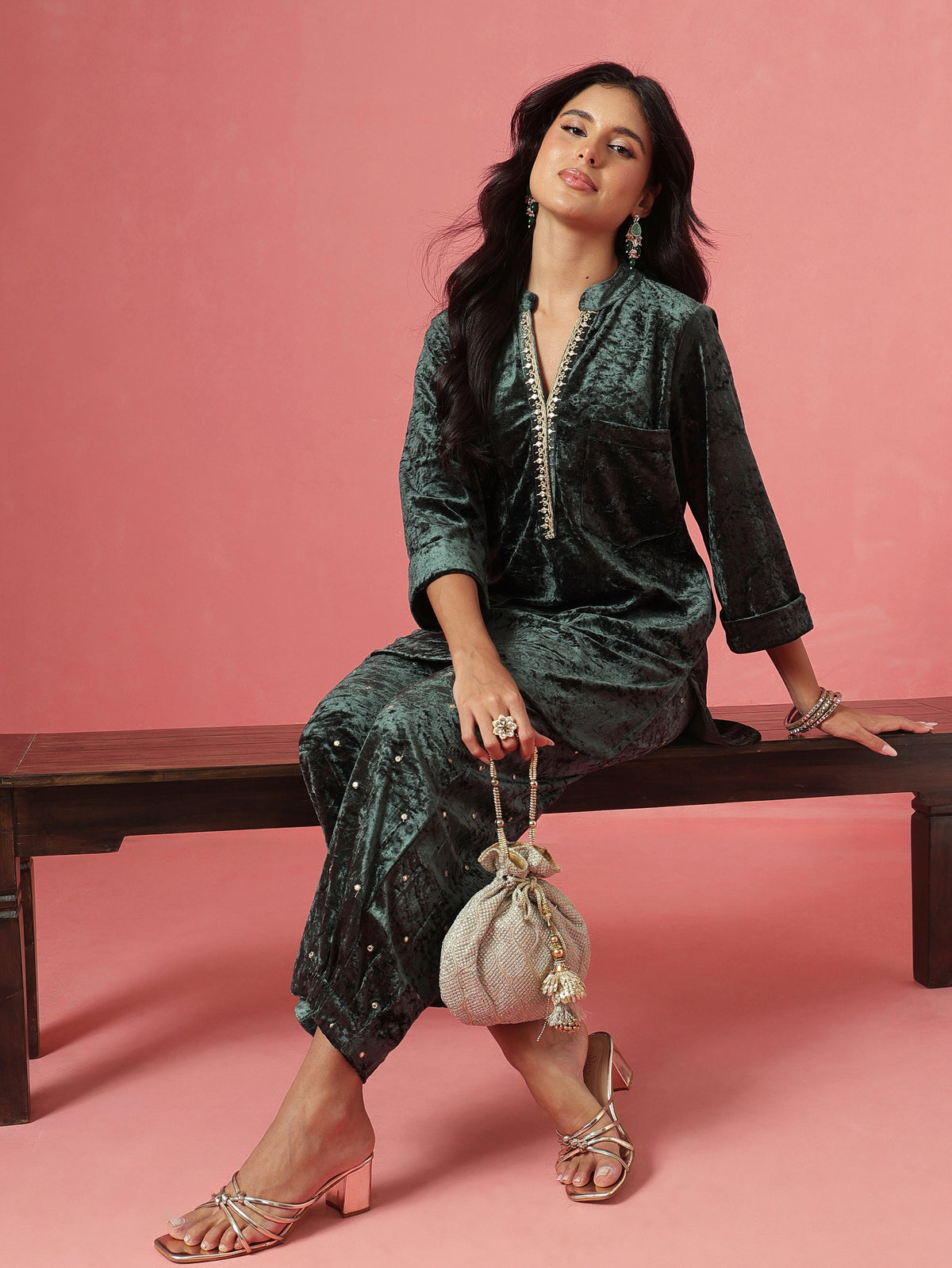 Emerald Green Velvet Short Kurta With Embroidered Straight Pants-Shae by SASSAFRAS