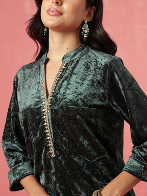 Emerald Green Velvet Short Kurta With Embroidered Straight Pants-Shae by SASSAFRAS