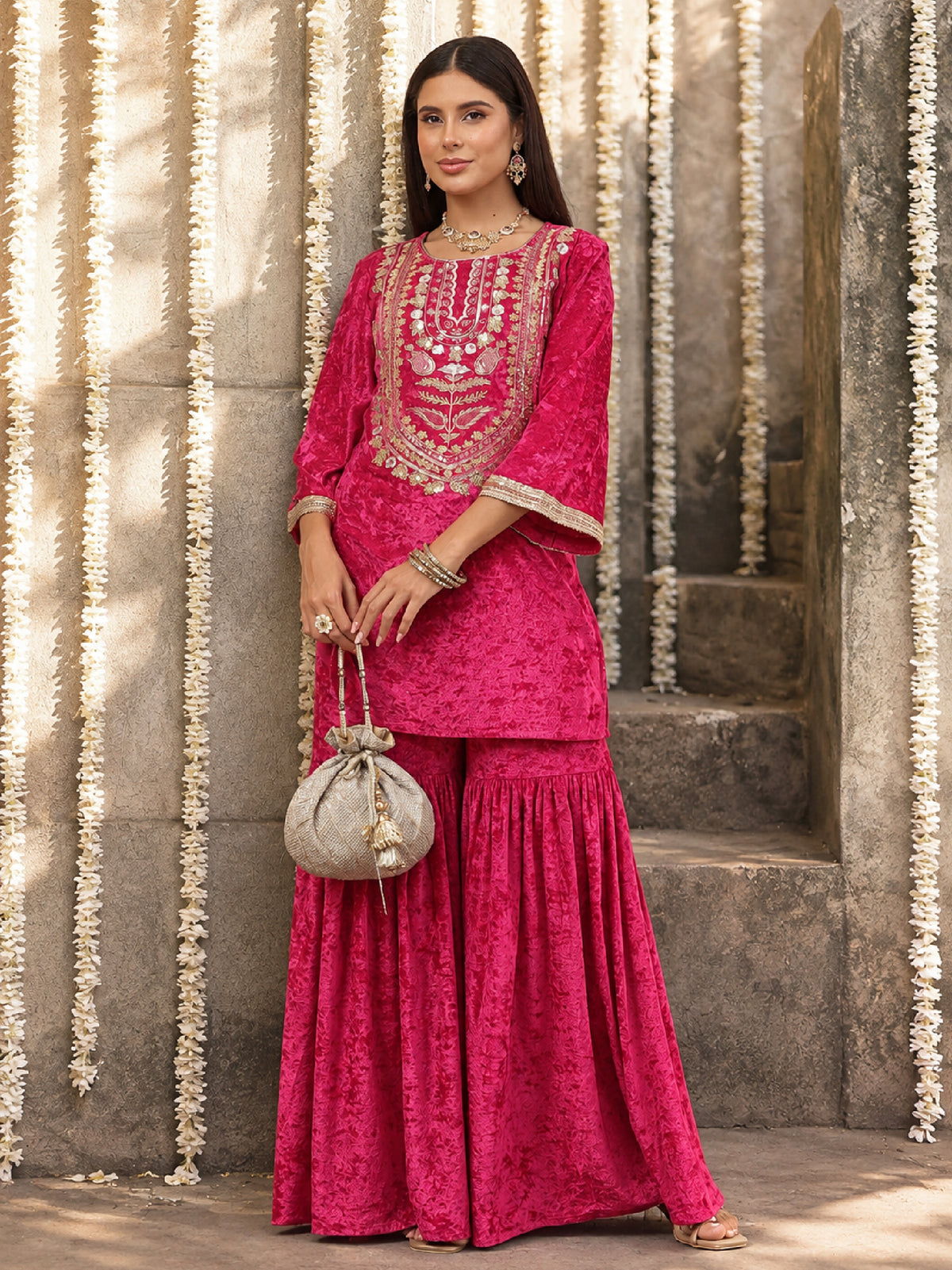 Fuchsia Velvet Neck Embroidered Short Kurta With Sharara-Shae by SASSAFRAS