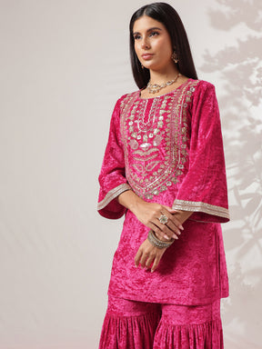 Fuchsia Velvet Neck Embroidered Short Kurta With Sharara-Shae by SASSAFRAS