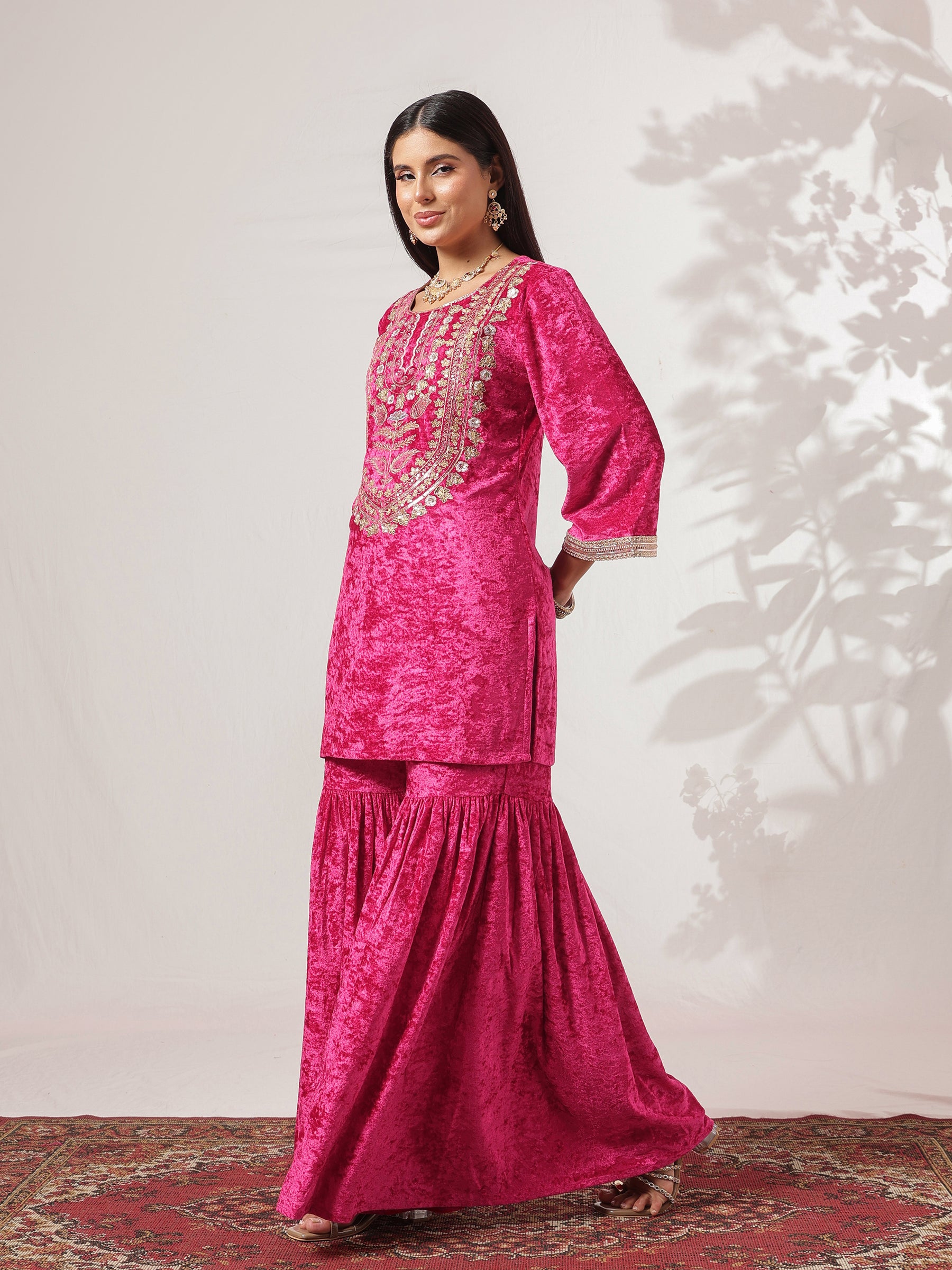 Fuchsia Velvet Neck Embroidered Short Kurta With Sharara-Shae by SASSAFRAS