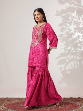 Fuchsia Velvet Neck Embroidered Short Kurta With Sharara-Shae by SASSAFRAS