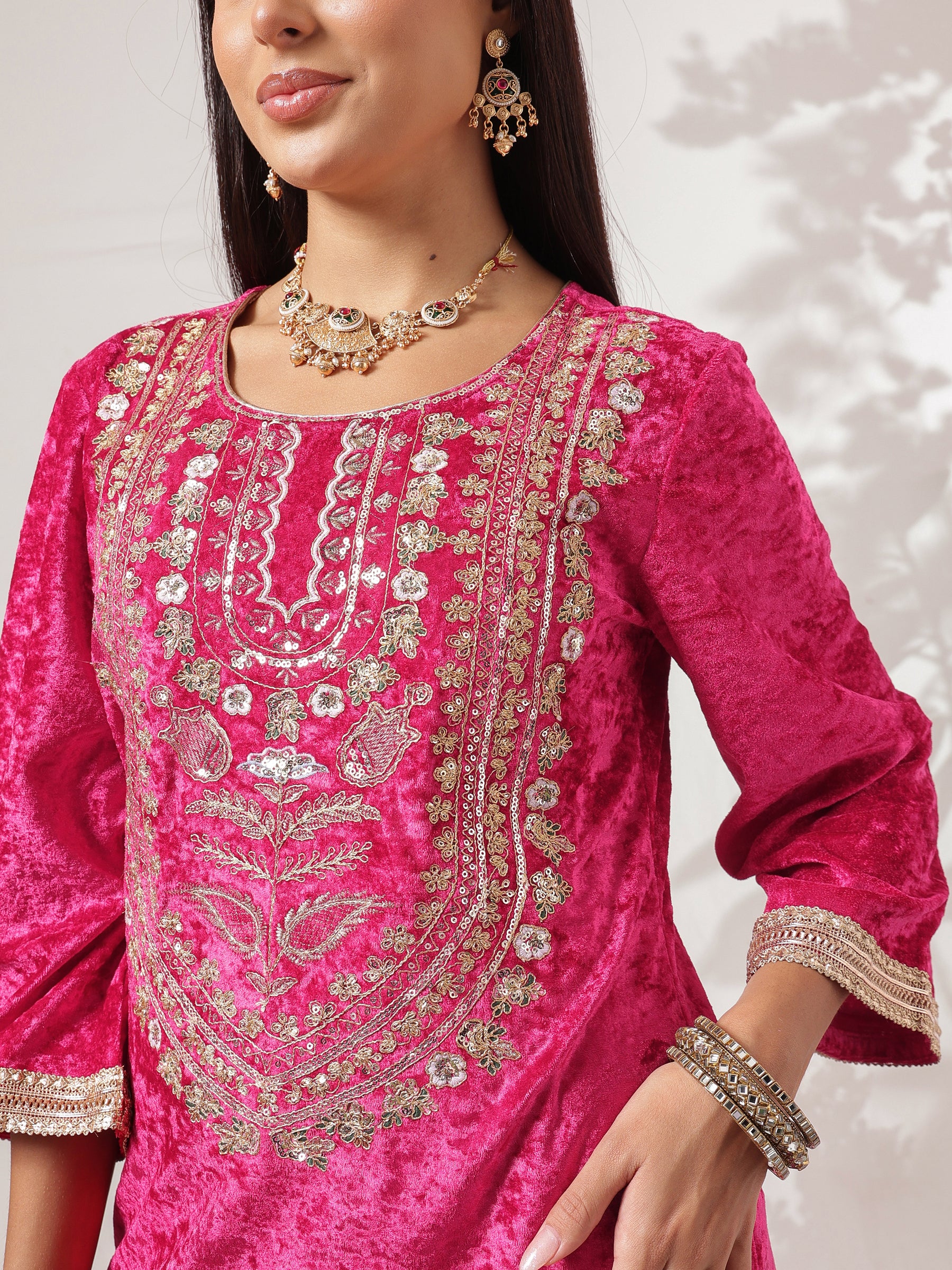 Fuchsia Velvet Neck Embroidered Short Kurta With Sharara-Shae by SASSAFRAS