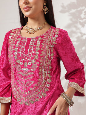 Fuchsia Velvet Neck Embroidered Short Kurta With Sharara-Shae by SASSAFRAS