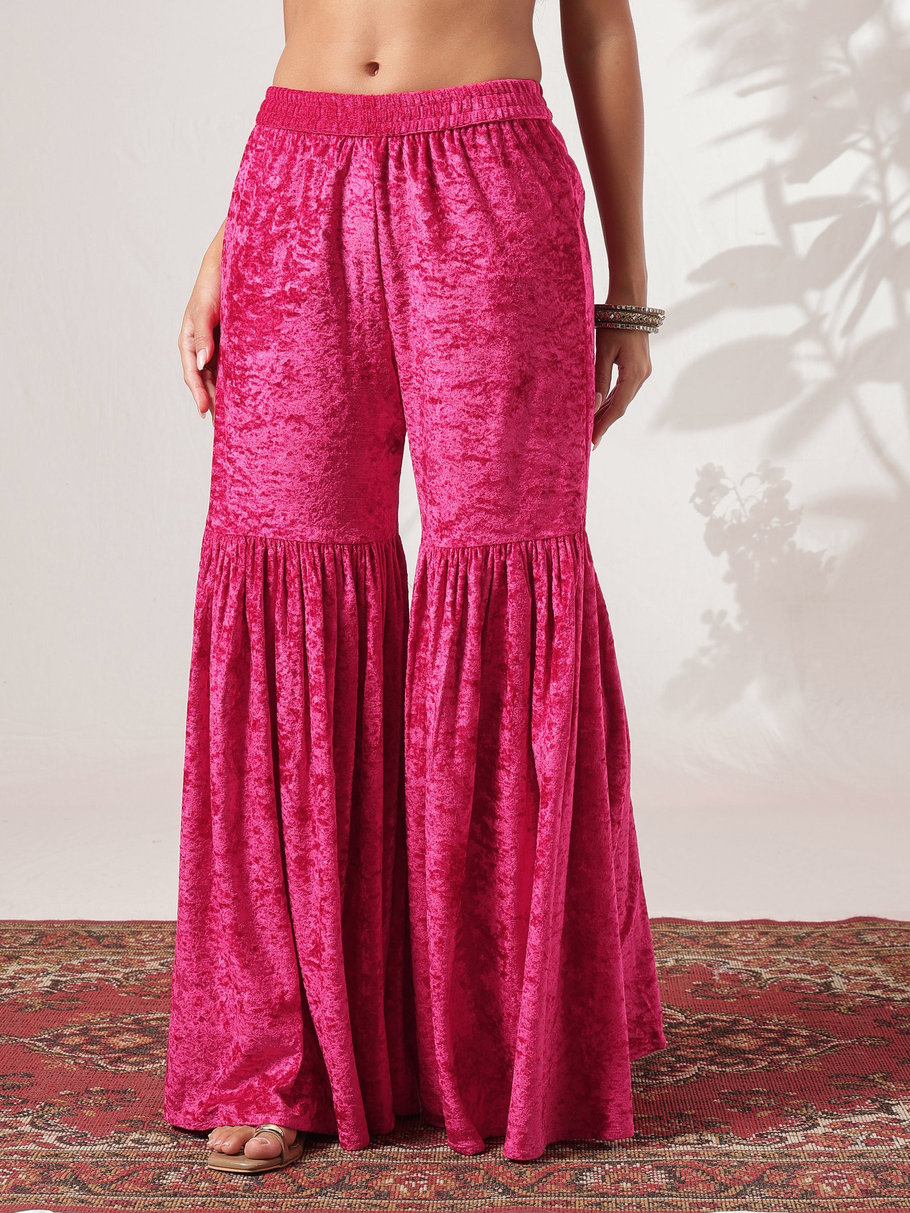 Fuchsia Velvet Neck Embroidered Short Kurta With Sharara-Shae by SASSAFRAS