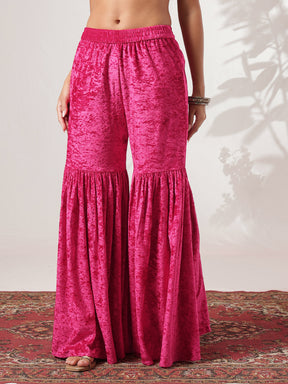 Fuchsia Velvet Neck Embroidered Short Kurta With Sharara-Shae by SASSAFRAS
