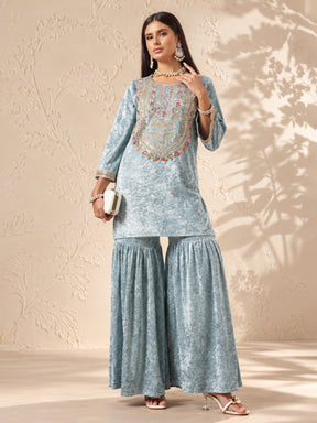 Powder Blue Velvet Neck Embroidered Short Kurta With Sharara-Shae by SASSAFRAS