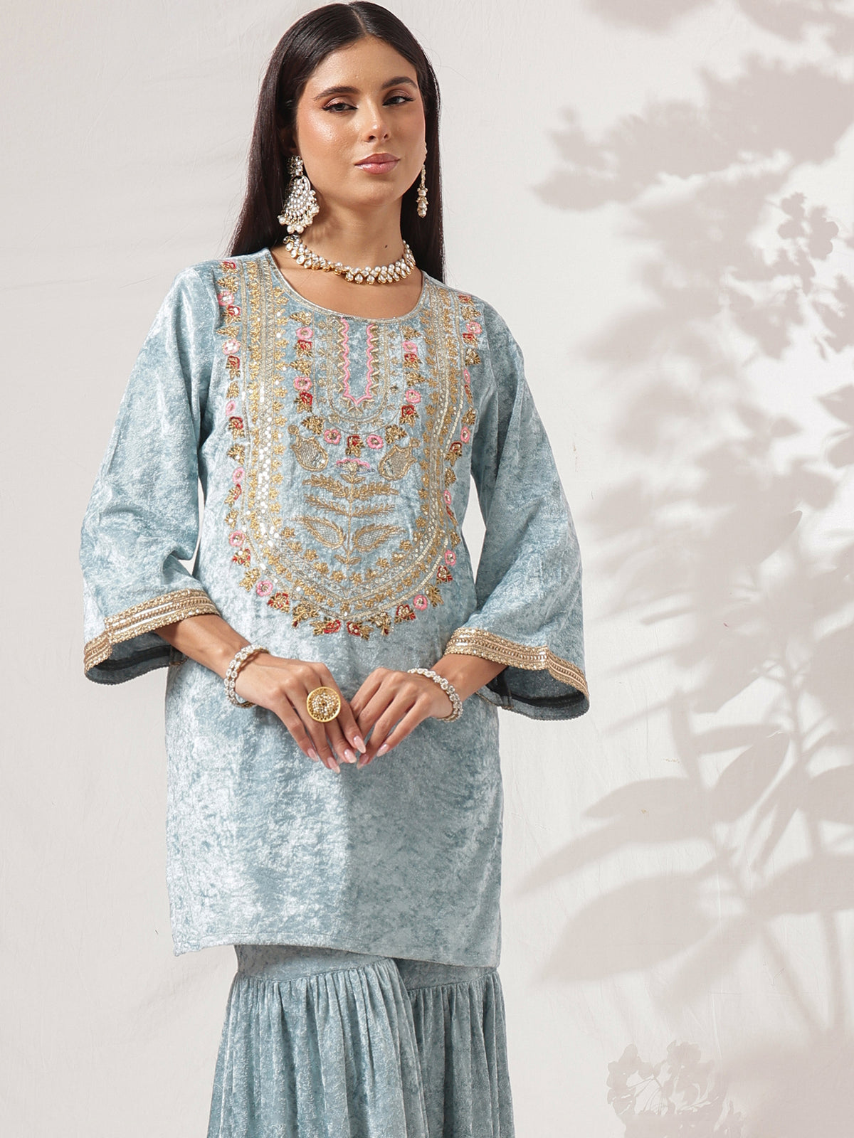 Powder Blue Velvet Neck Embroidered Short Kurta With Sharara-Shae by SASSAFRAS