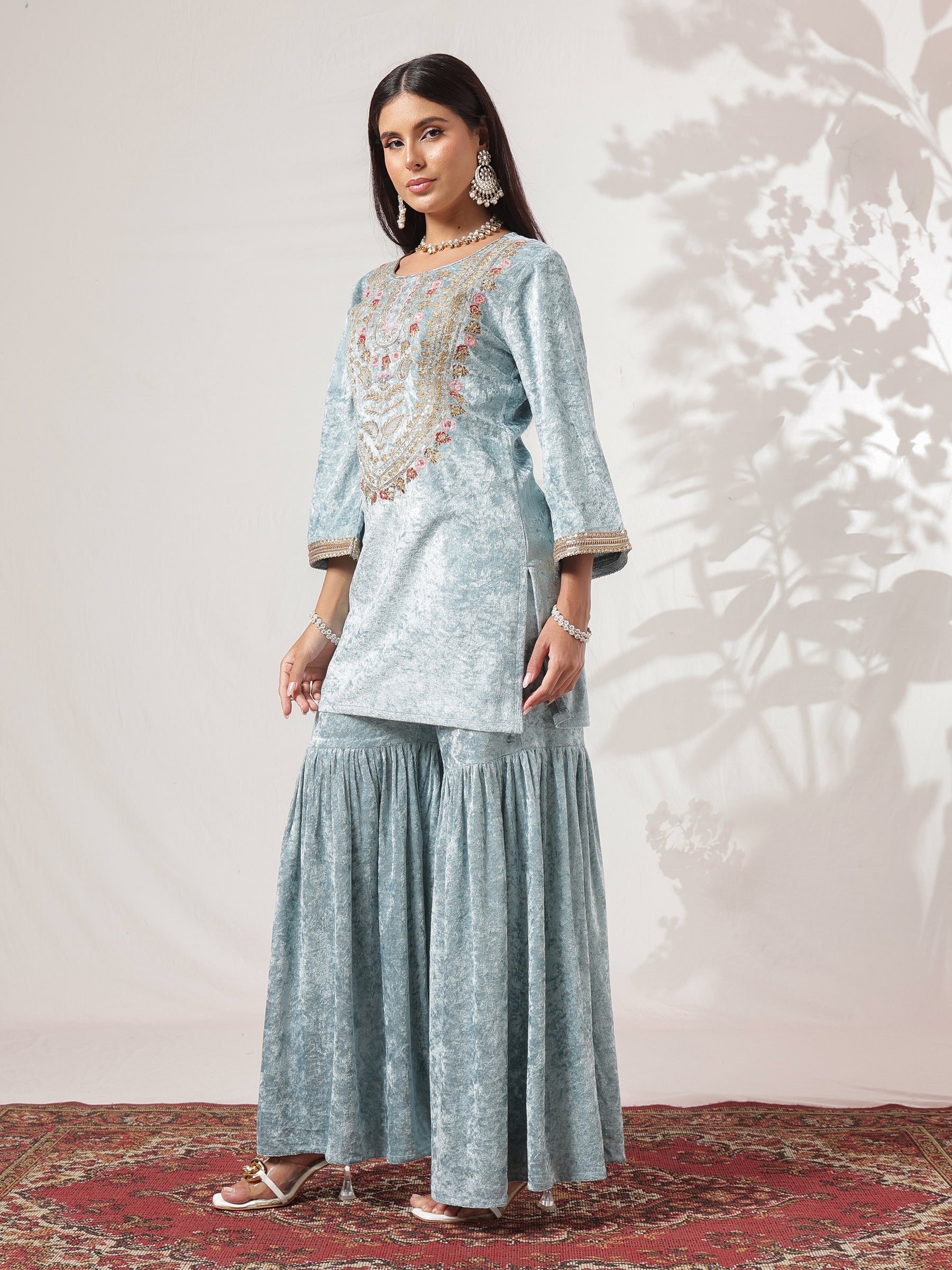 Powder Blue Velvet Neck Embroidered Short Kurta With Sharara-Shae by SASSAFRAS