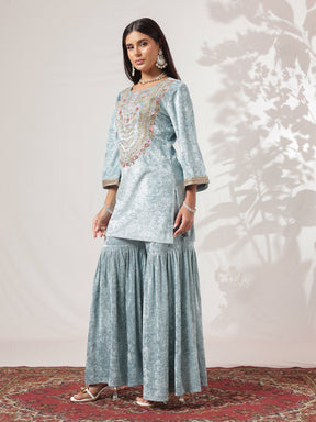 Powder Blue Velvet Neck Embroidered Short Kurta With Sharara-Shae by SASSAFRAS