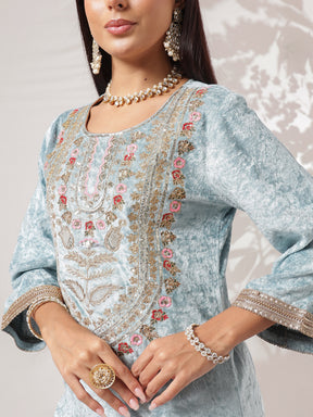 Powder Blue Velvet Neck Embroidered Short Kurta With Sharara-Shae by SASSAFRAS